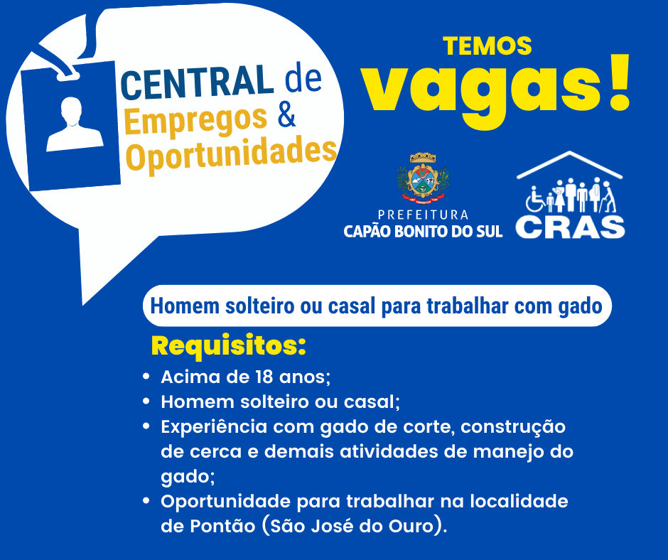 Central De Empregos E Oportunidades Vaga Para Homem Solteiro Ou Casal Para Trabalhar Com Gado 4893